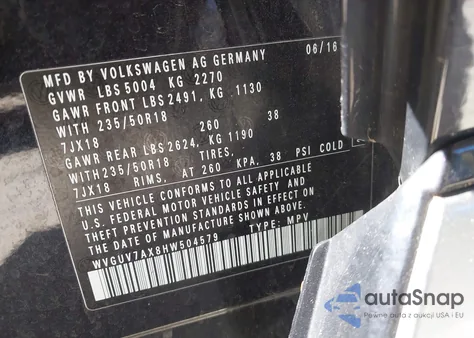 2017 Volkswagen Tiguan 2.0T Sport z USA, uszkodzony, nr VIN WVGUV7AX8HW504579